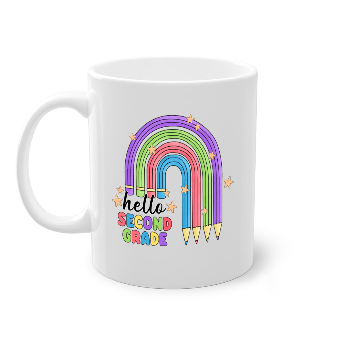 Hello 2nd Grade Pencil Rainbow Mug with colorful handle and interior, showcasing a glossy finish and playful design.