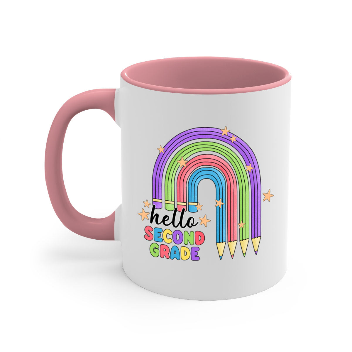 Hello 2nd Grade Pencil Rainbow Mug with colorful handle and interior, showcasing a glossy finish and playful design.