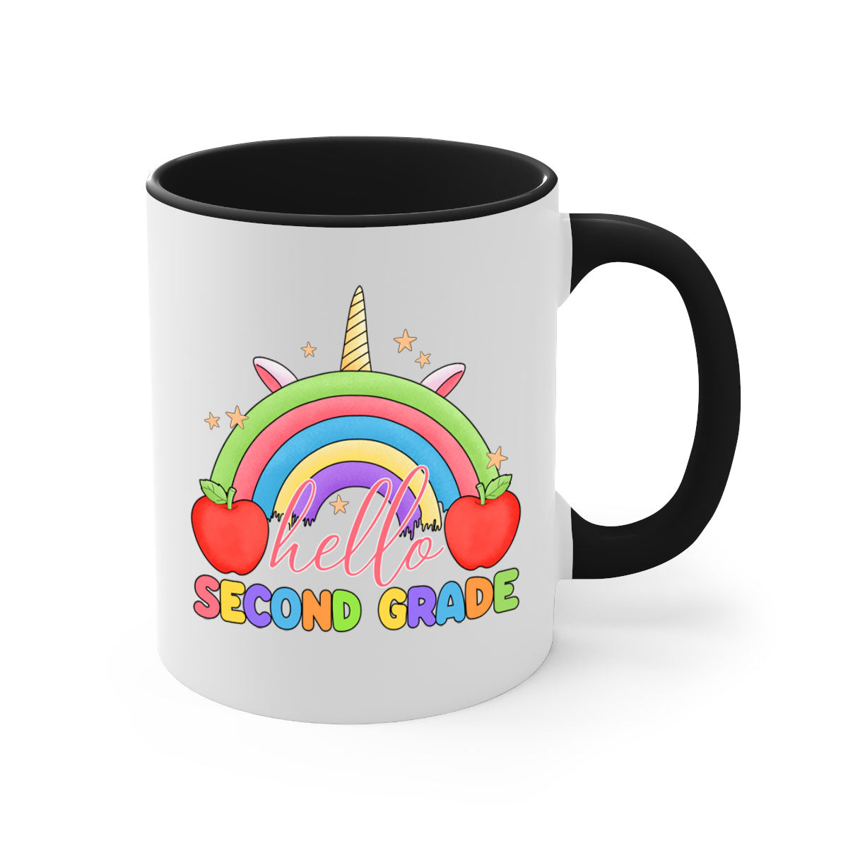 Hello 2nd Grade Unicorn Rainbow Mug with colorful handle and glossy finish, featuring a whimsical unicorn and rainbow design.