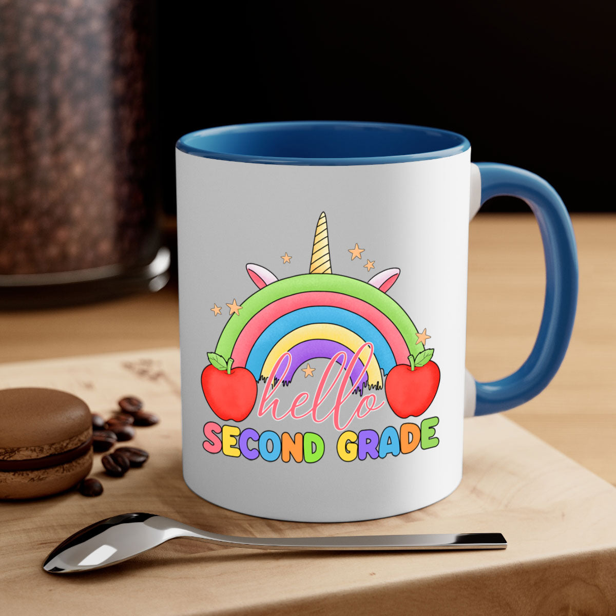 Hello 2nd Grade Unicorn Rainbow Mug with colorful handle and glossy finish, featuring a whimsical unicorn and rainbow design.