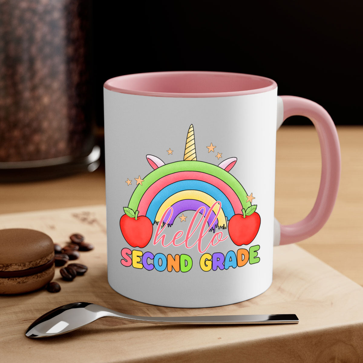 Hello 2nd Grade Unicorn Rainbow Mug with colorful handle and glossy finish, featuring a whimsical unicorn and rainbow design.
