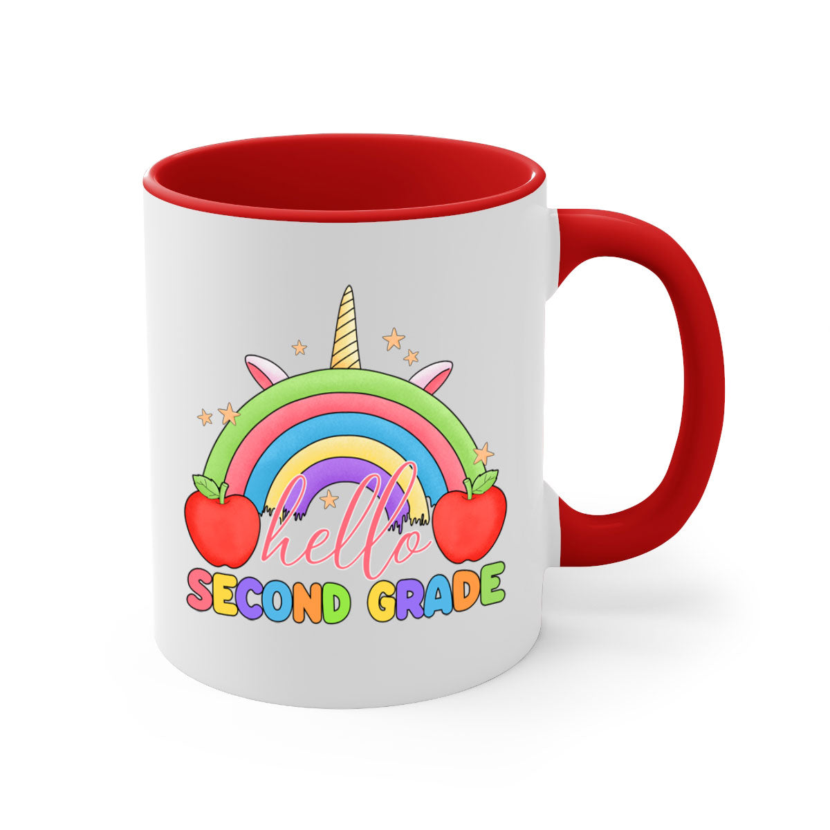 Hello 2nd Grade Unicorn Rainbow Mug with colorful handle and glossy finish, featuring a whimsical unicorn and rainbow design.