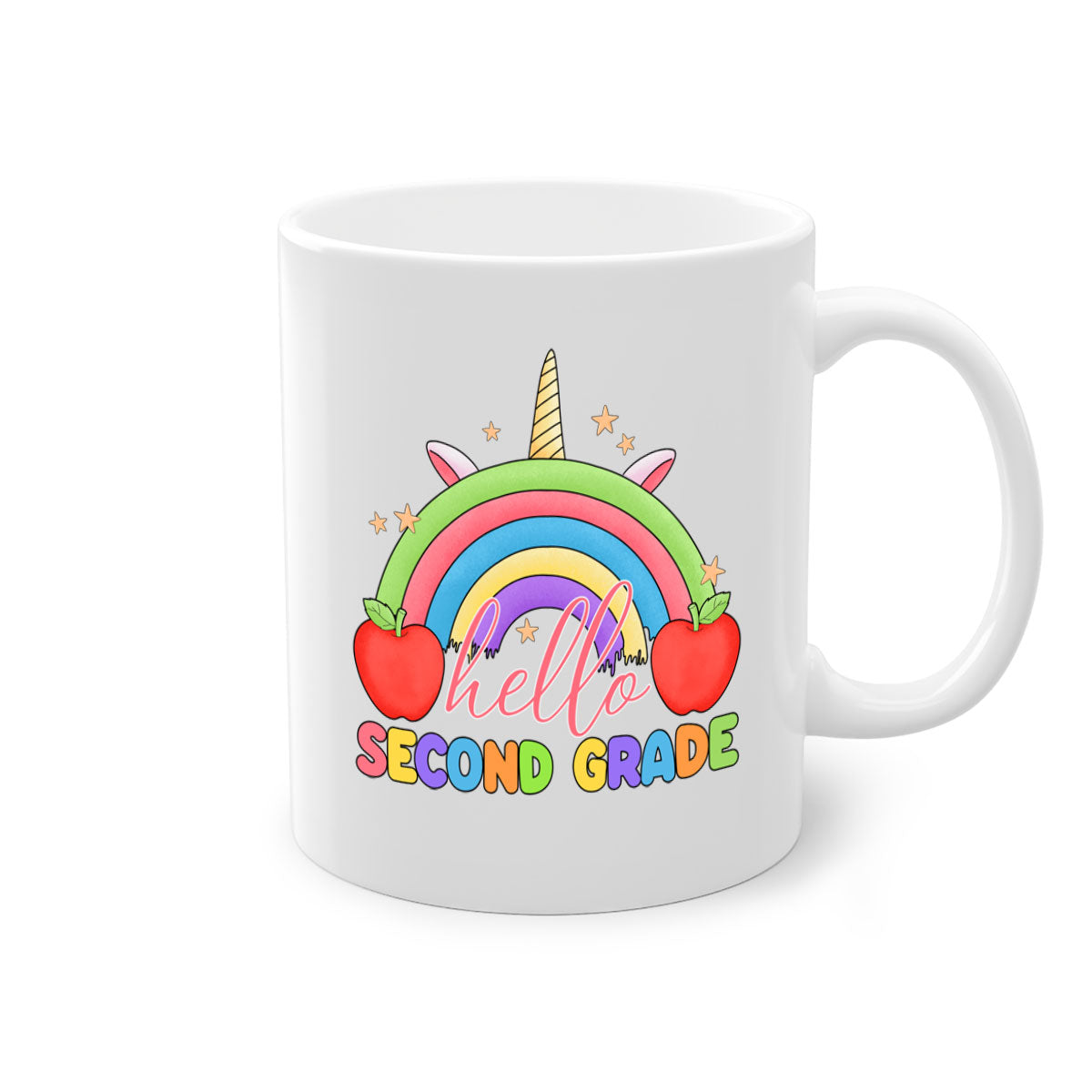 Hello 2nd Grade Unicorn Rainbow Mug with colorful handle and glossy finish, featuring a whimsical unicorn and rainbow design.