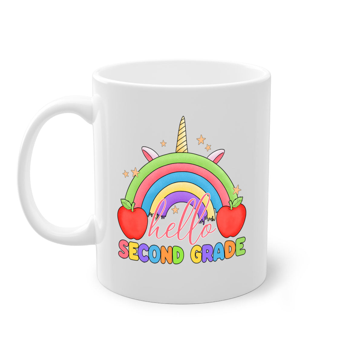 Hello 2nd Grade Unicorn Rainbow Mug with colorful handle and glossy finish, featuring a whimsical unicorn and rainbow design.