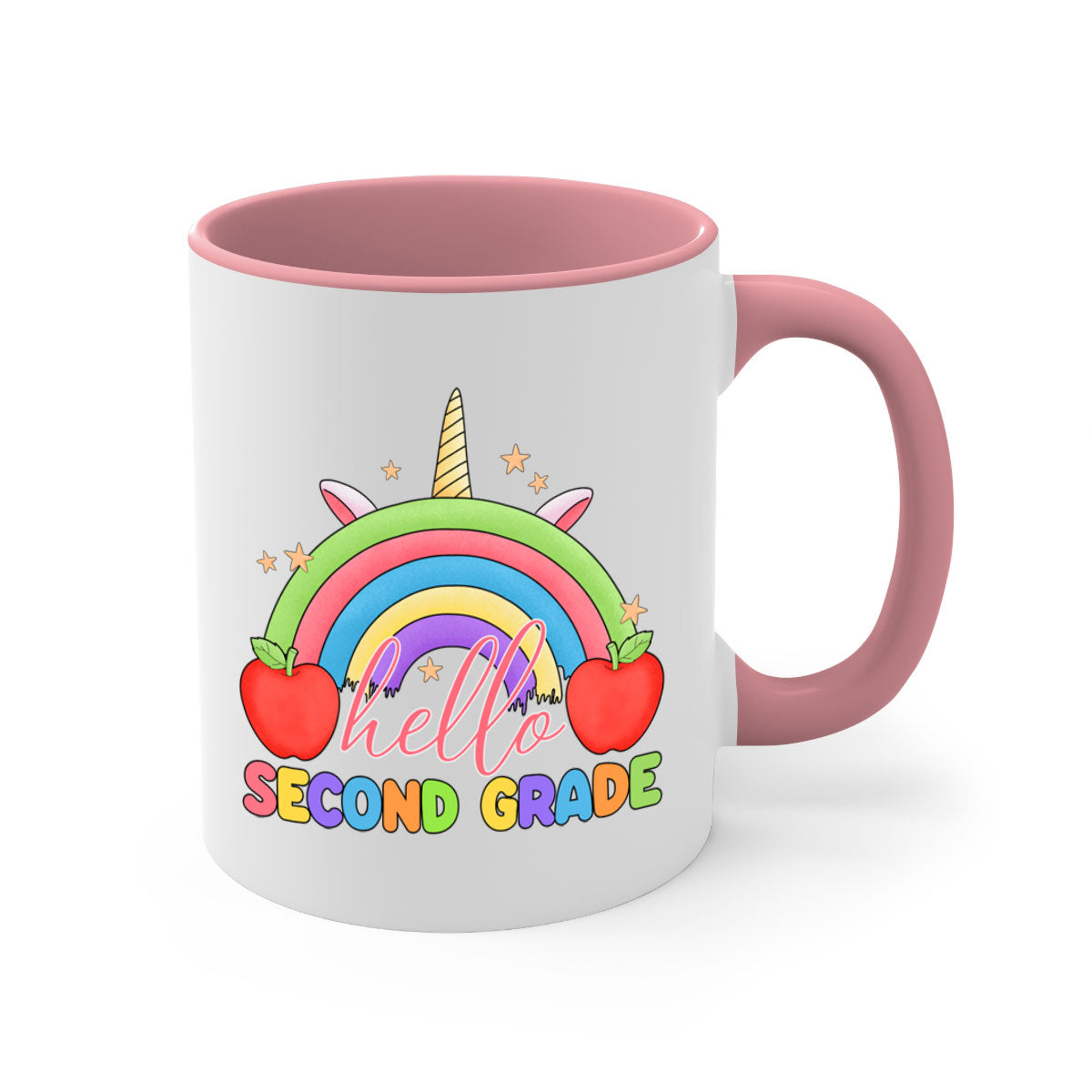 Hello 2nd Grade Unicorn Rainbow Mug with colorful handle and glossy finish, featuring a whimsical unicorn and rainbow design.