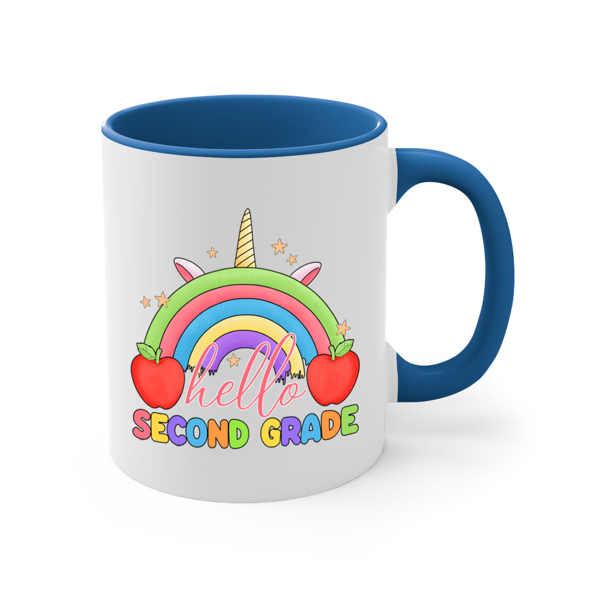 Hello 2nd Grade Unicorn Rainbow Mug with colorful handle and glossy finish, featuring a whimsical unicorn and rainbow design.