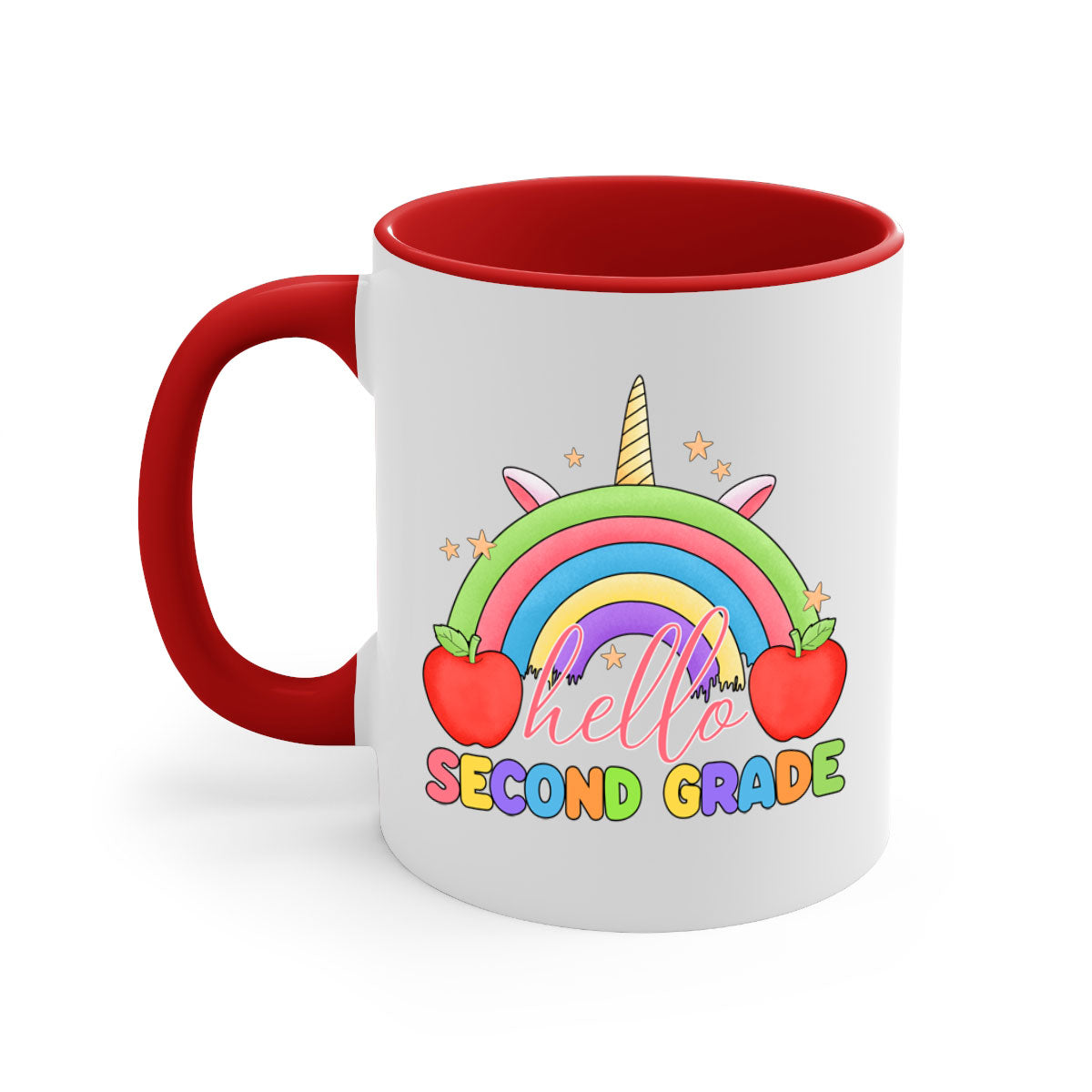 Hello 2nd Grade Unicorn Rainbow Mug with colorful handle and glossy finish, featuring a whimsical unicorn and rainbow design.