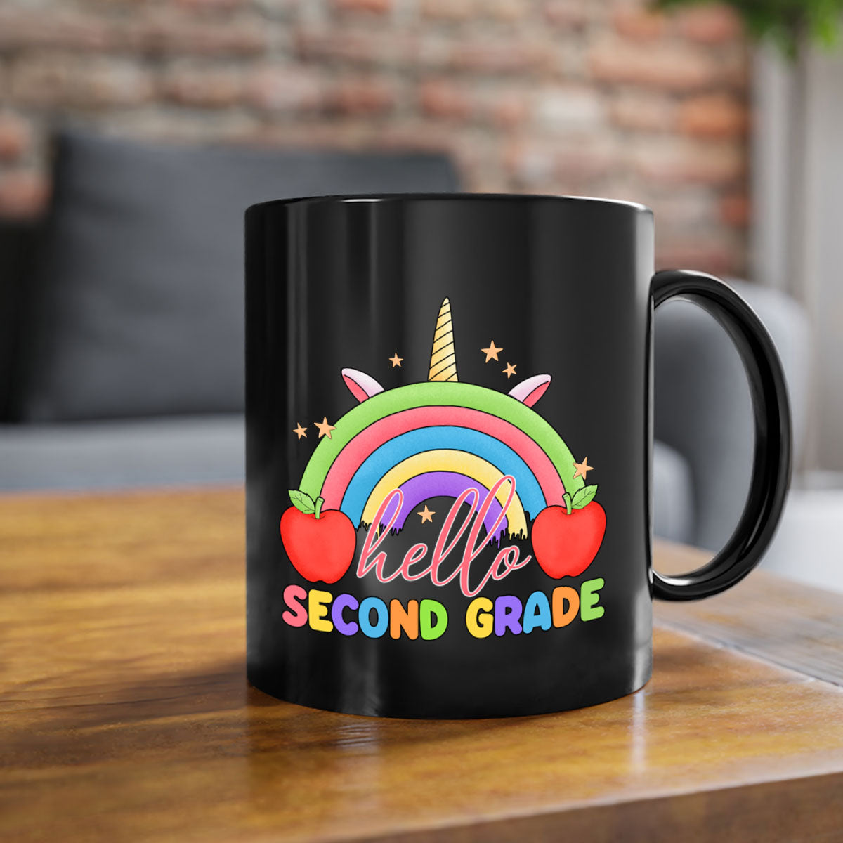 Hello 2nd Grade Unicorn Rainbow Mug with colorful handle and glossy finish, featuring a whimsical unicorn and rainbow design.