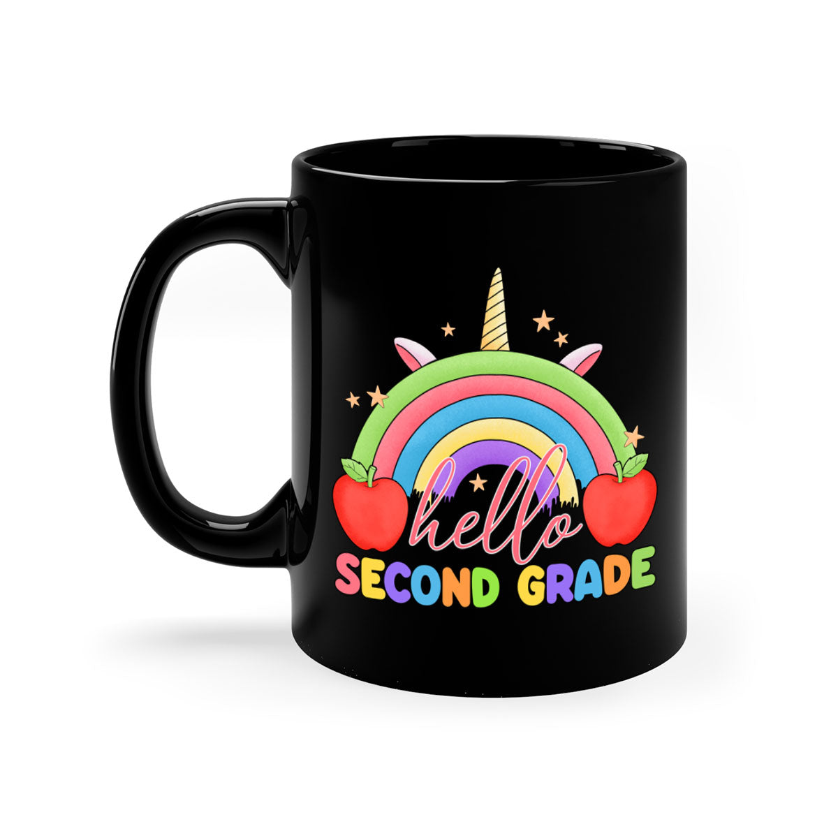 Hello 2nd Grade Unicorn Rainbow Mug with colorful handle and glossy finish, featuring a whimsical unicorn and rainbow design.