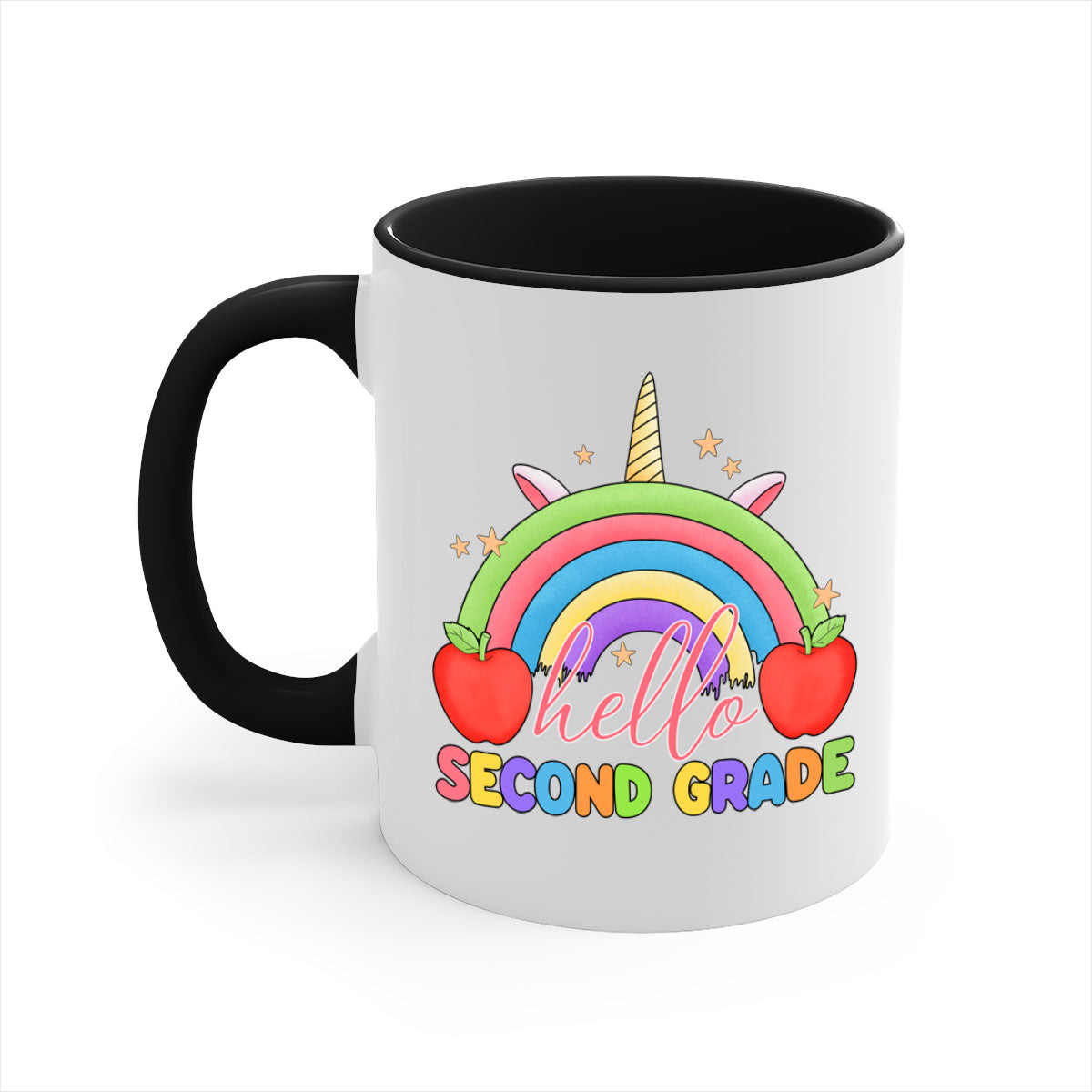 Hello 2nd Grade Unicorn Rainbow Mug with colorful handle and glossy finish, featuring a whimsical unicorn and rainbow design.