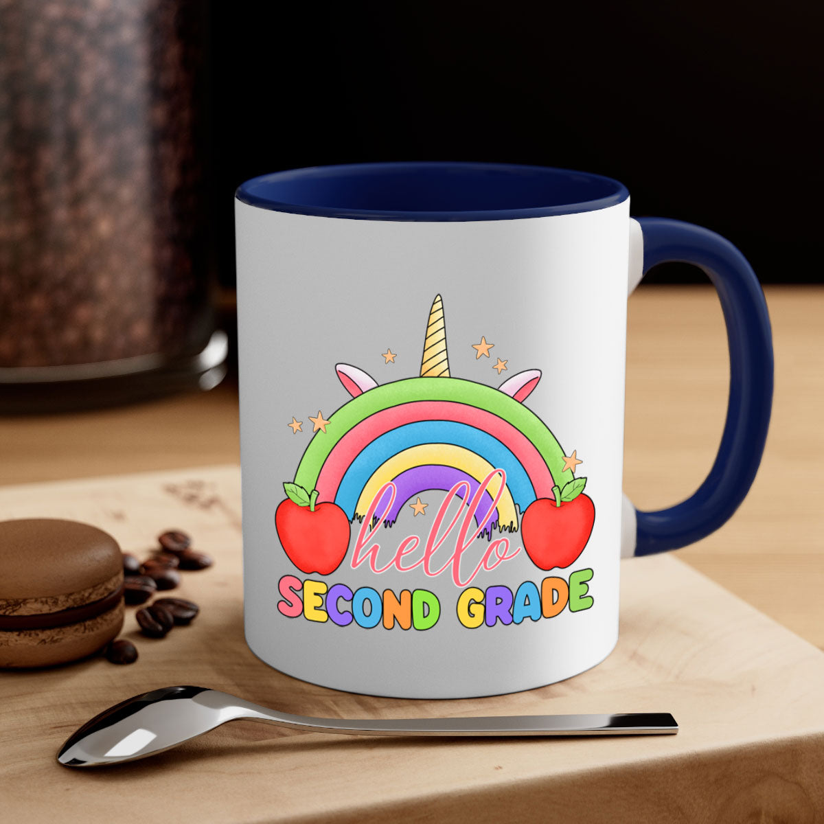 Hello 2nd Grade Unicorn Rainbow Mug with colorful handle and glossy finish, featuring a whimsical unicorn and rainbow design.