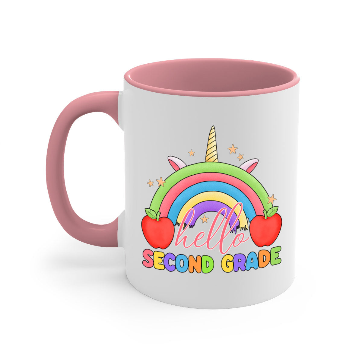 Hello 2nd Grade Unicorn Rainbow Mug with colorful handle and glossy finish, featuring a whimsical unicorn and rainbow design.