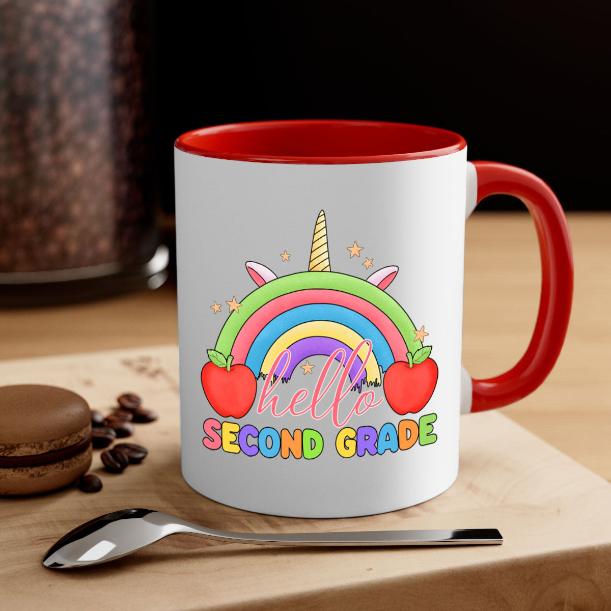 Hello 2nd Grade Unicorn Rainbow Mug with colorful handle and glossy finish, featuring a whimsical unicorn and rainbow design.