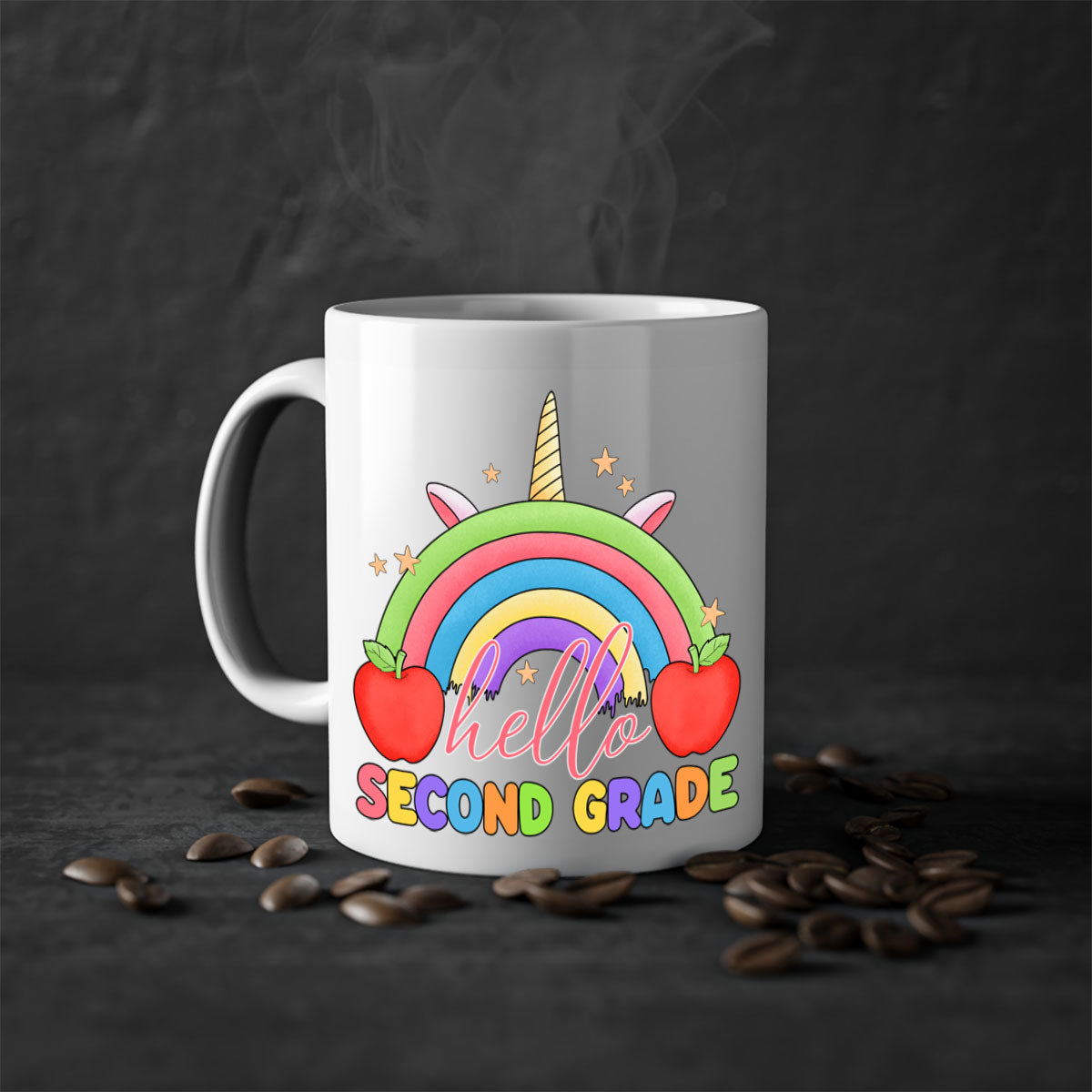 Hello 2nd Grade Unicorn Rainbow Mug with colorful handle and glossy finish, featuring a whimsical unicorn and rainbow design.