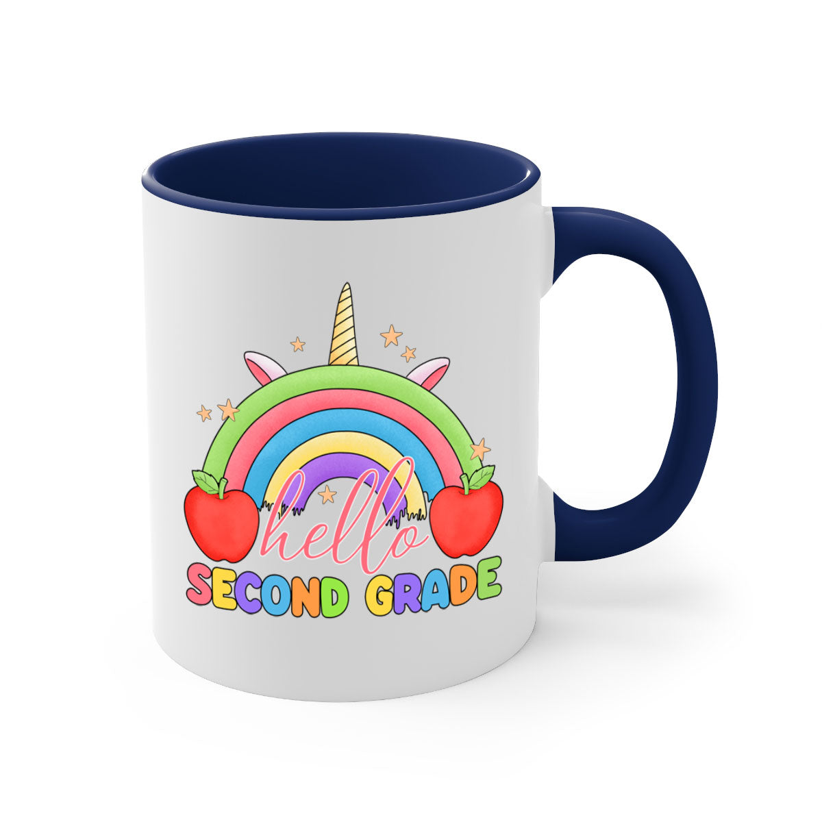 Hello 2nd Grade Unicorn Rainbow Mug with colorful handle and glossy finish, featuring a whimsical unicorn and rainbow design.