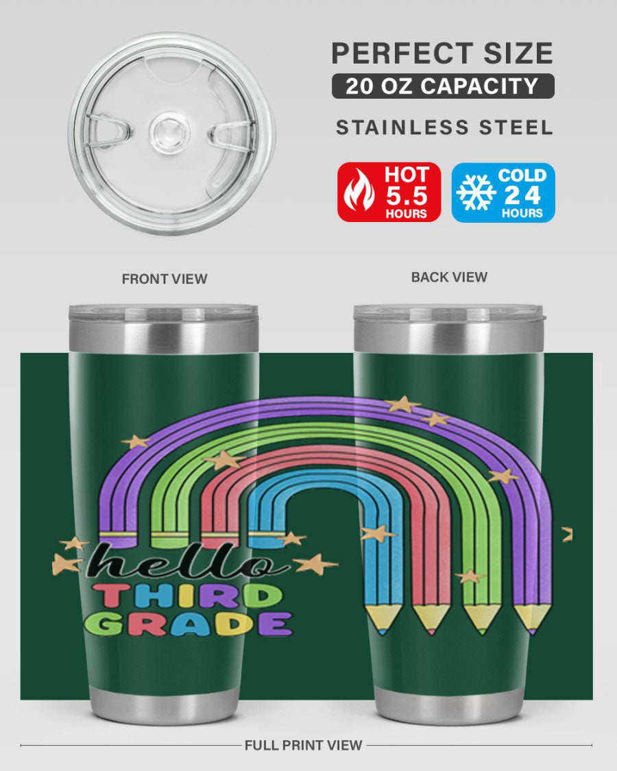 Hello 3rd Grade Pencil Rainbow tumbler featuring a colorful pencil design, perfect for students and teachers.