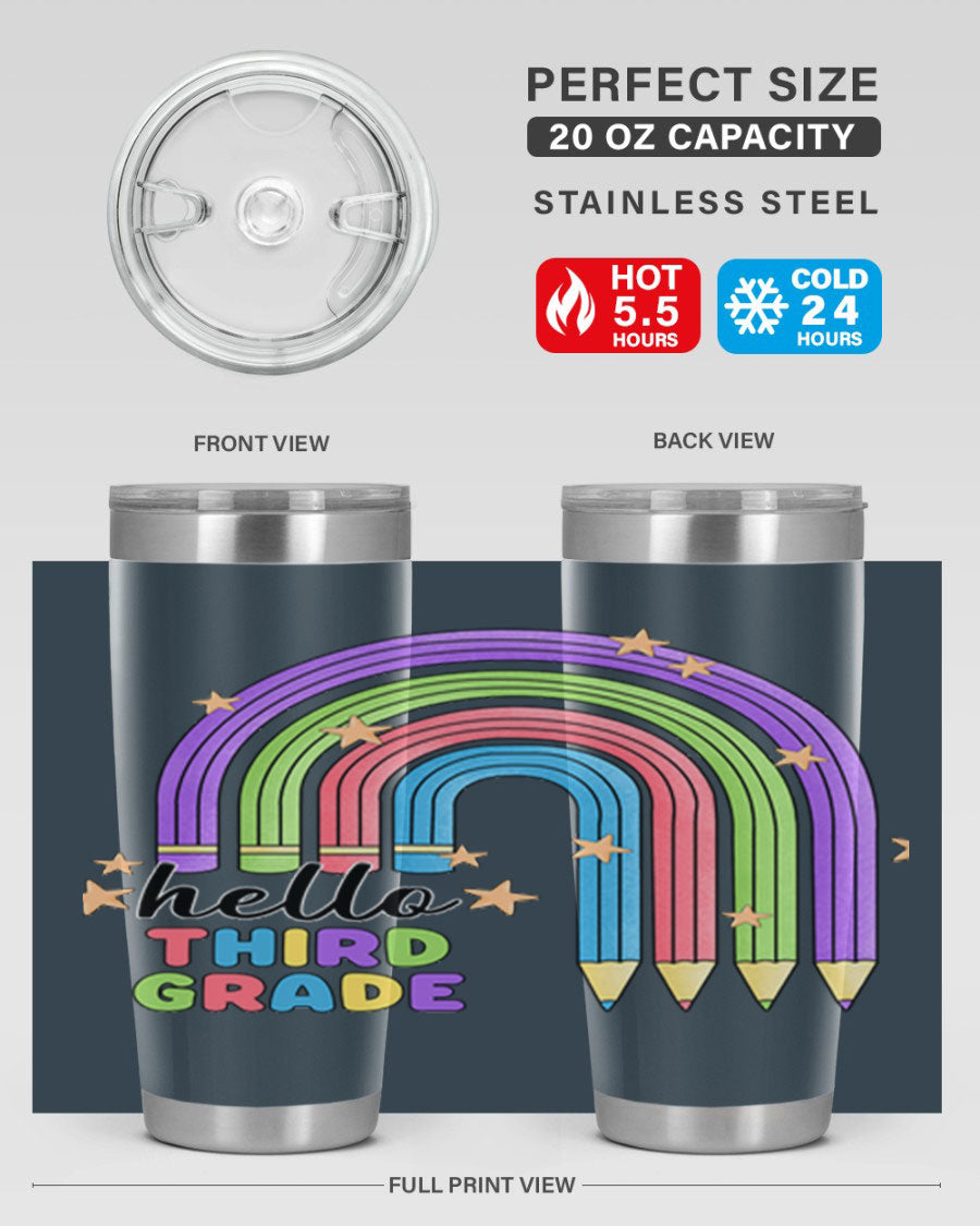 Hello 3rd Grade Pencil Rainbow tumbler featuring a colorful pencil design, perfect for students and teachers.