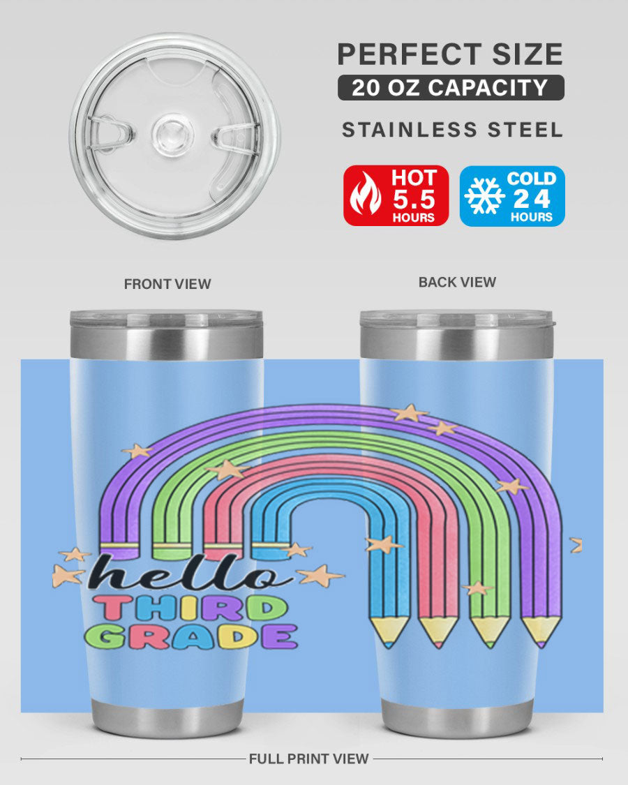 Hello 3rd Grade Pencil Rainbow tumbler featuring a colorful pencil design, perfect for students and teachers.