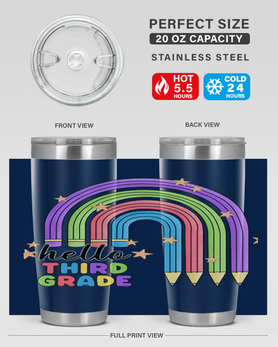 Hello 3rd Grade Pencil Rainbow tumbler featuring a colorful pencil design, perfect for students and teachers.
