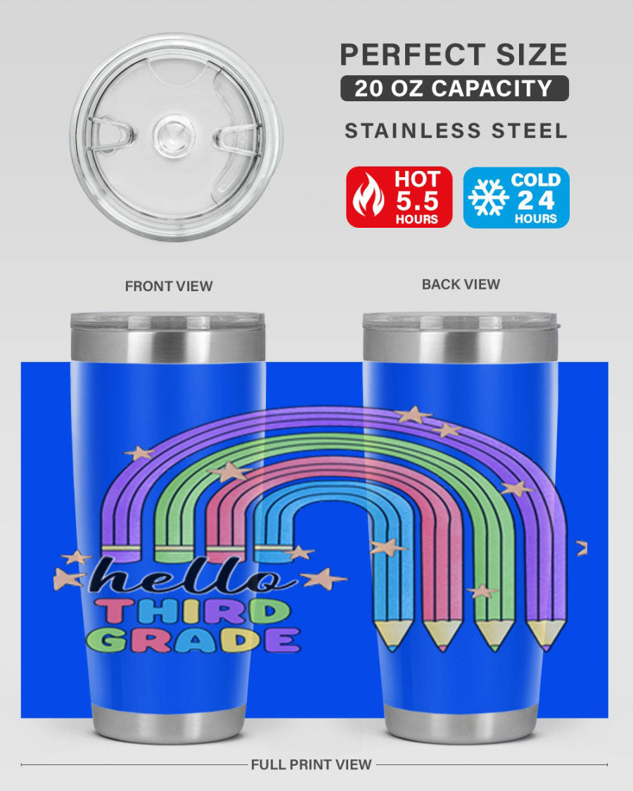Hello 3rd Grade Pencil Rainbow tumbler featuring a colorful pencil design, perfect for students and teachers.