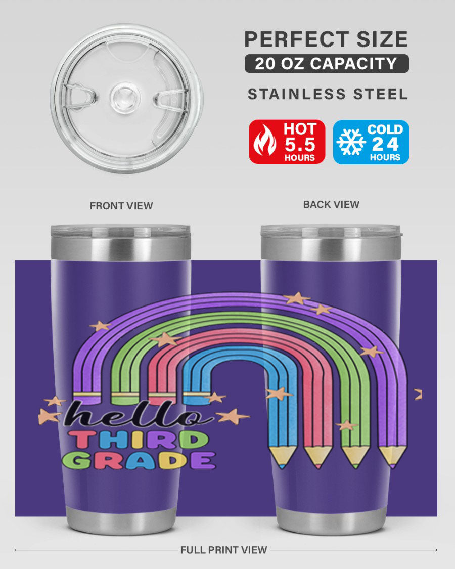 Hello 3rd Grade Pencil Rainbow tumbler featuring a colorful pencil design, perfect for students and teachers.
