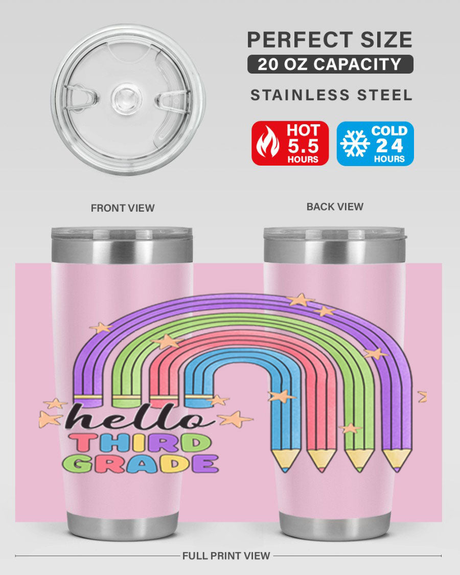 Hello 3rd Grade Pencil Rainbow tumbler featuring a colorful pencil design, perfect for students and teachers.