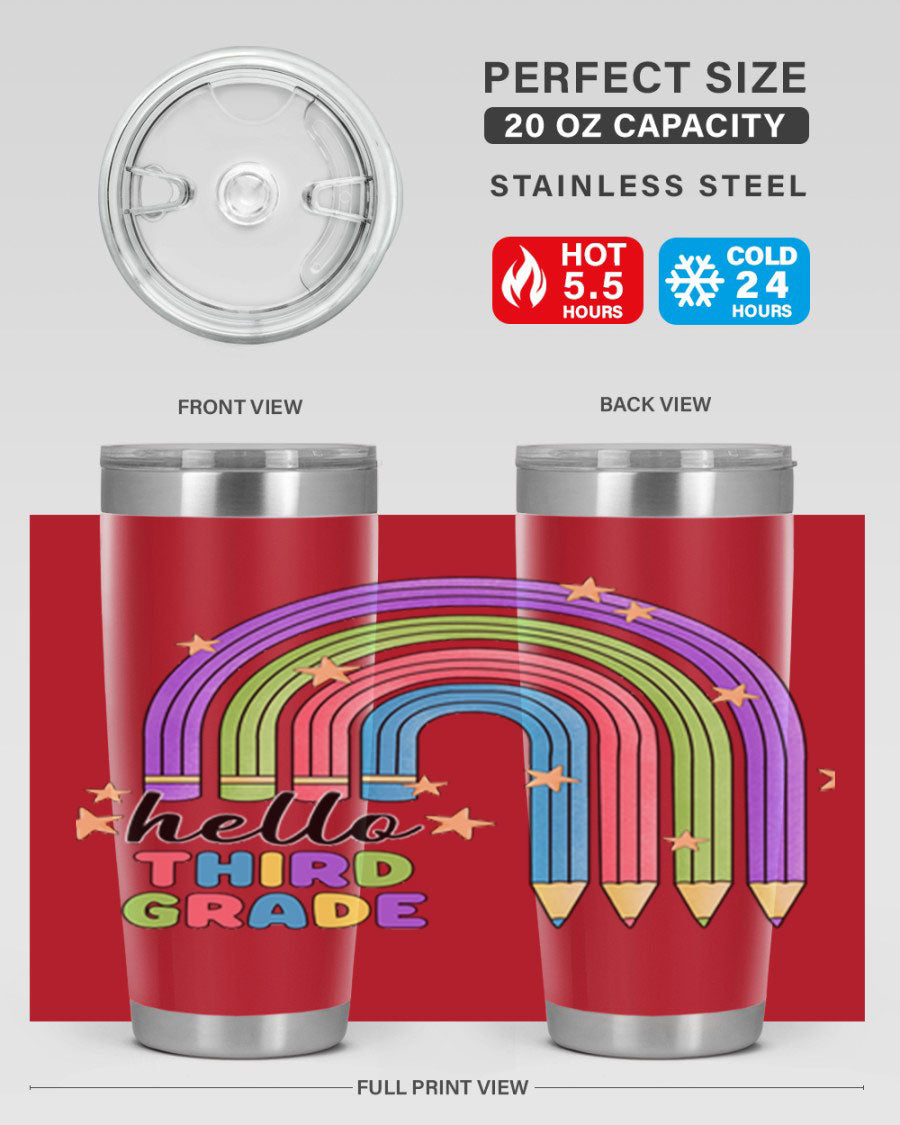 Hello 3rd Grade Pencil Rainbow tumbler featuring a colorful pencil design, perfect for students and teachers.