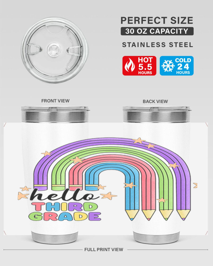 Hello 3rd Grade Pencil Rainbow tumbler featuring a colorful pencil design, perfect for students and teachers.