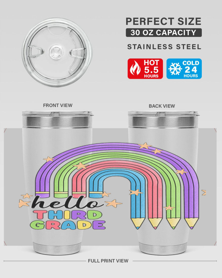 Hello 3rd Grade Pencil Rainbow tumbler featuring a colorful pencil design, perfect for students and teachers.
