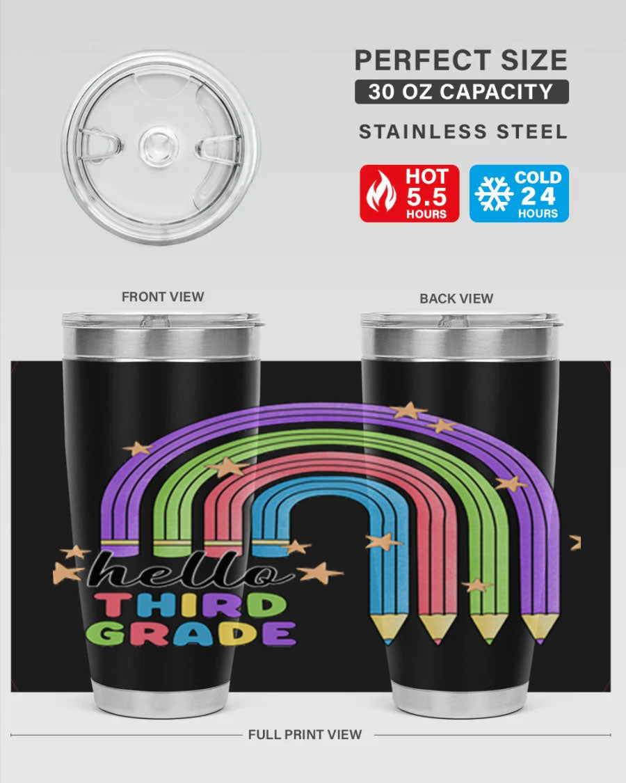 Hello 3rd Grade Pencil Rainbow tumbler featuring a colorful pencil design, perfect for students and teachers.