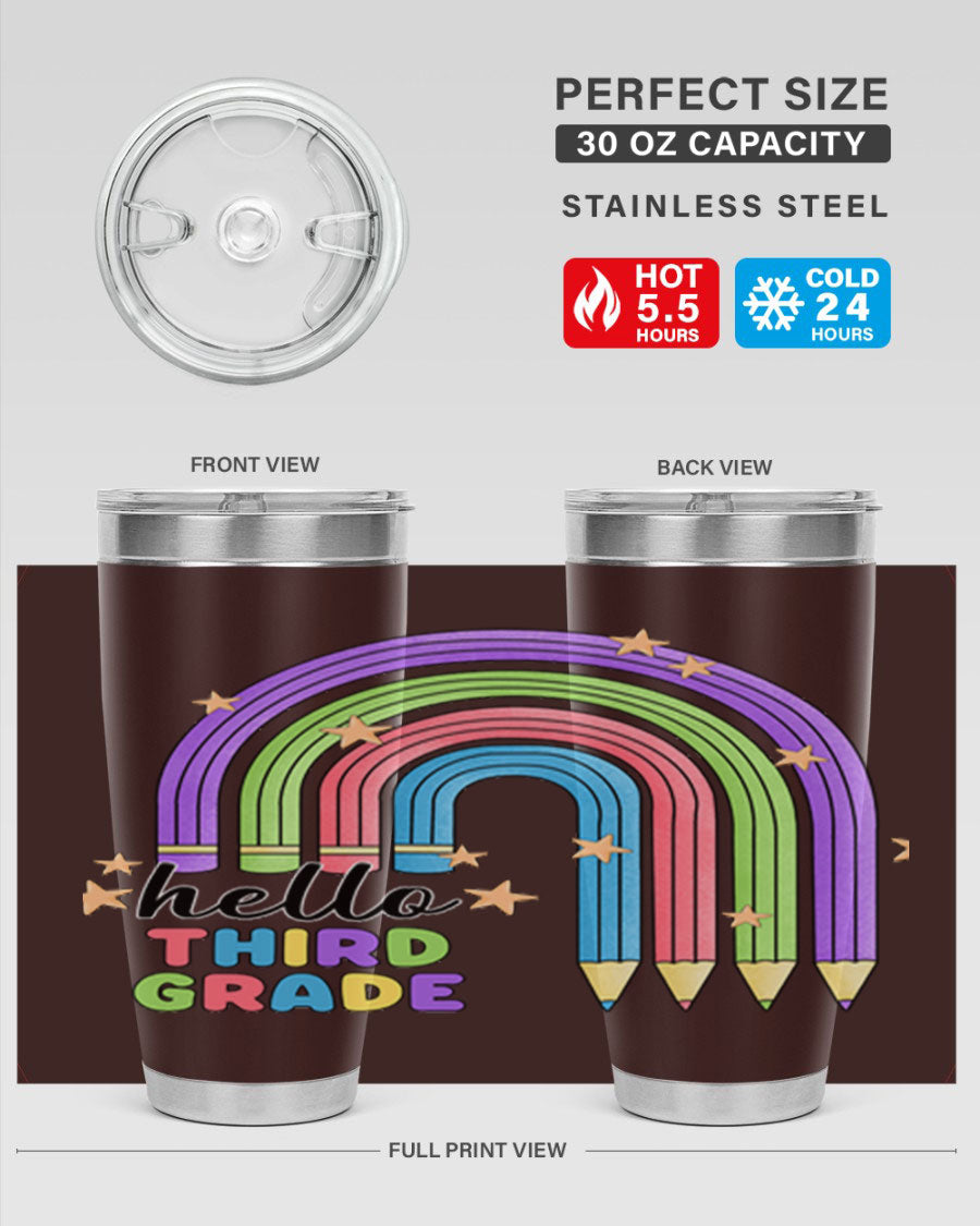 Hello 3rd Grade Pencil Rainbow tumbler featuring a colorful pencil design, perfect for students and teachers.