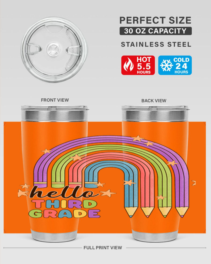 Hello 3rd Grade Pencil Rainbow tumbler featuring a colorful pencil design, perfect for students and teachers.