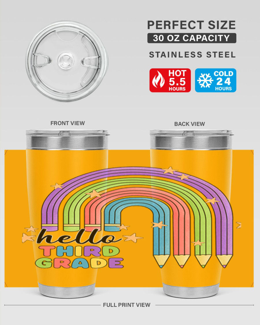 Hello 3rd Grade Pencil Rainbow tumbler featuring a colorful pencil design, perfect for students and teachers.