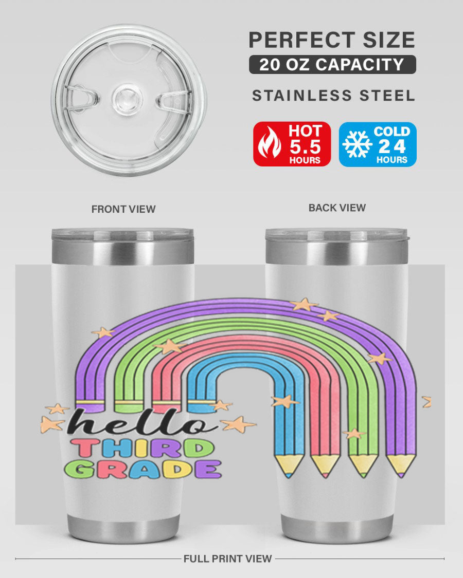 Hello 3rd Grade Pencil Rainbow tumbler featuring a colorful pencil design, perfect for students and teachers.