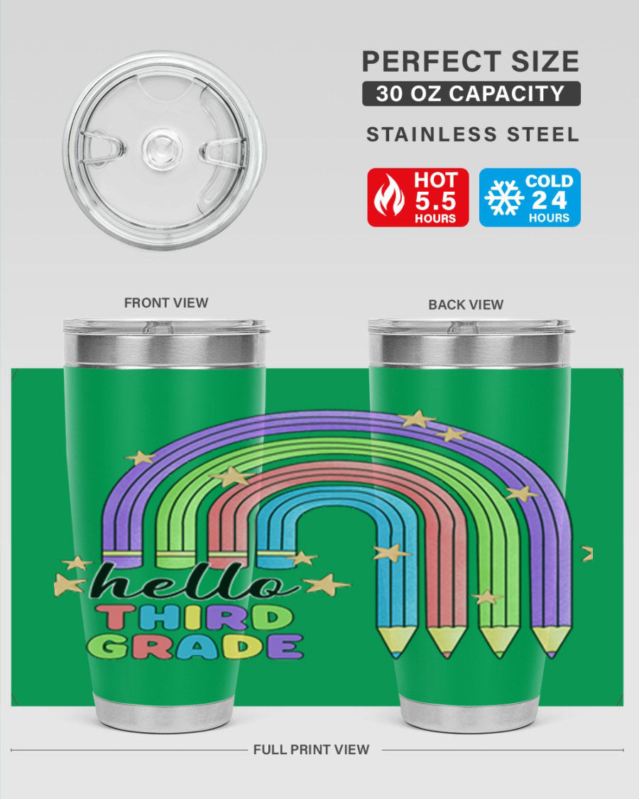Hello 3rd Grade Pencil Rainbow tumbler featuring a colorful pencil design, perfect for students and teachers.