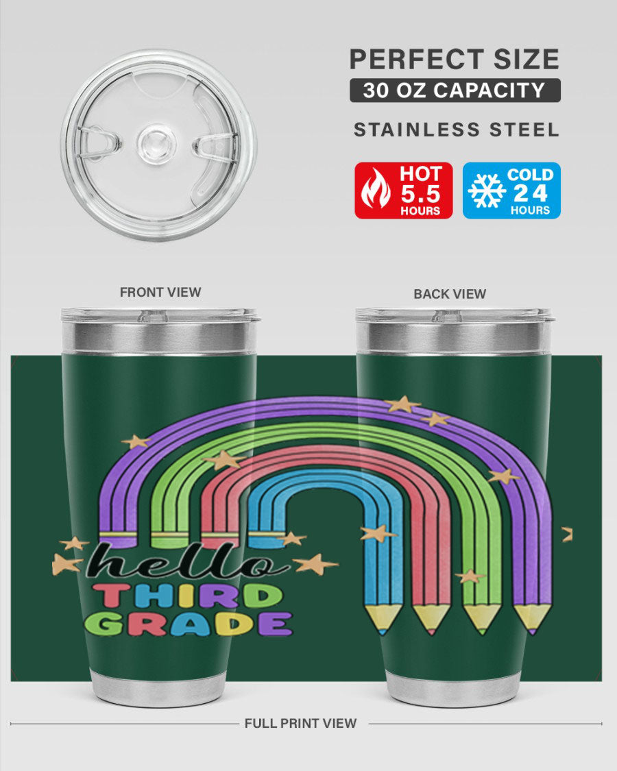 Hello 3rd Grade Pencil Rainbow tumbler featuring a colorful pencil design, perfect for students and teachers.