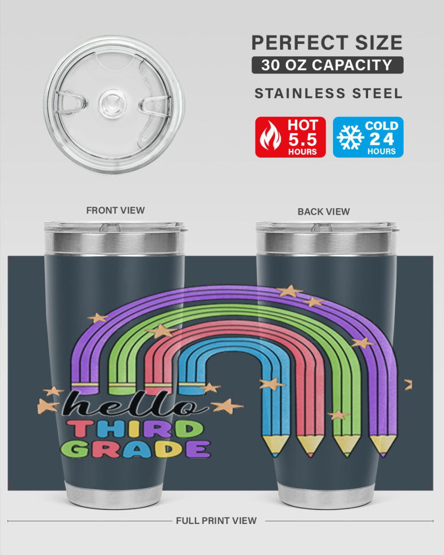 Hello 3rd Grade Pencil Rainbow tumbler featuring a colorful pencil design, perfect for students and teachers.