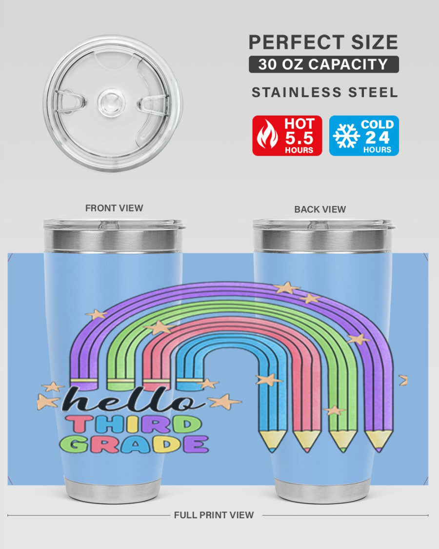Hello 3rd Grade Pencil Rainbow tumbler featuring a colorful pencil design, perfect for students and teachers.