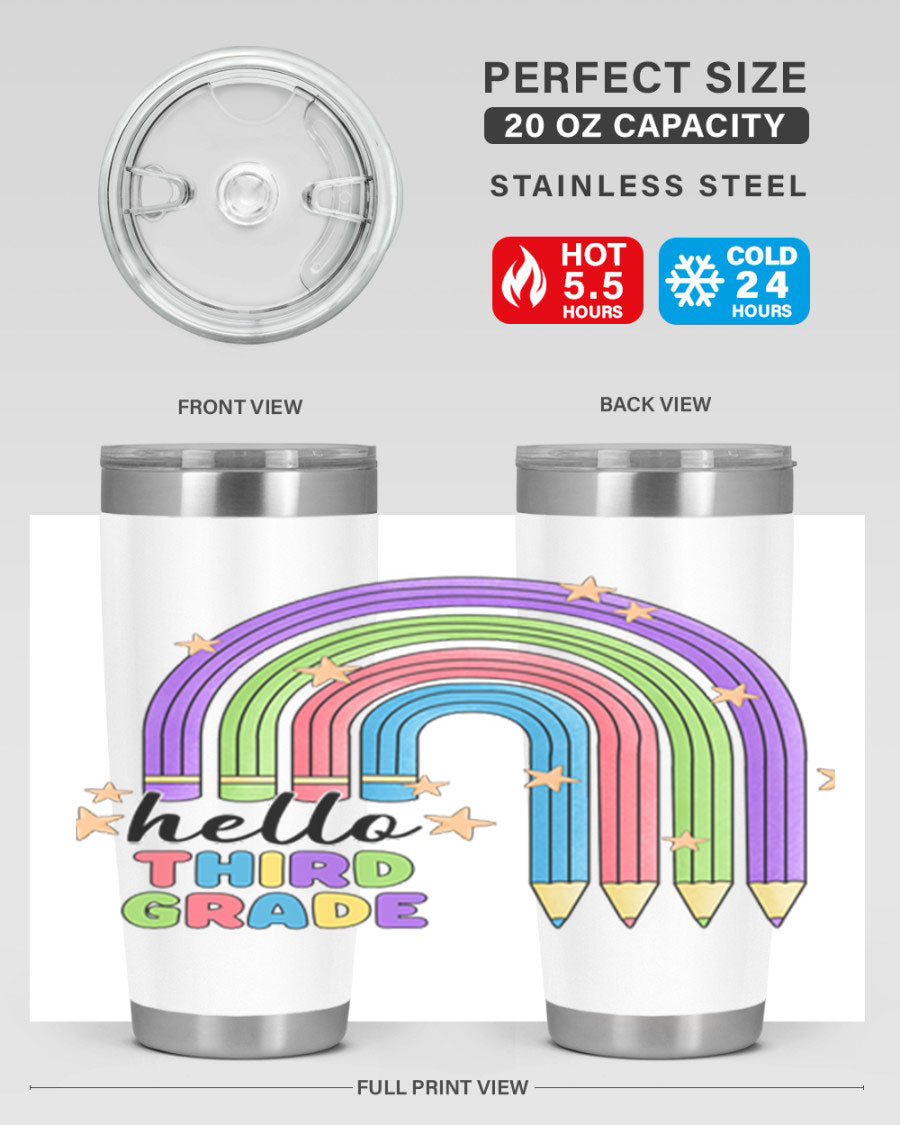 Hello 3rd Grade Pencil Rainbow tumbler featuring a colorful pencil design, perfect for students and teachers.