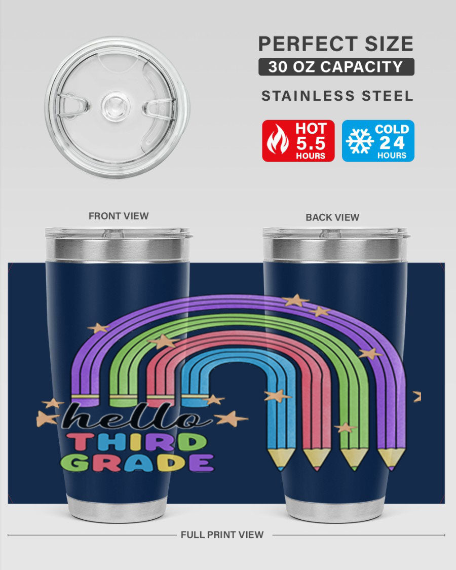 Hello 3rd Grade Pencil Rainbow tumbler featuring a colorful pencil design, perfect for students and teachers.