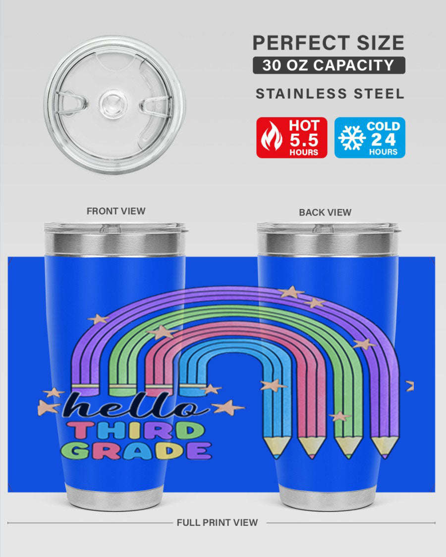 Hello 3rd Grade Pencil Rainbow tumbler featuring a colorful pencil design, perfect for students and teachers.