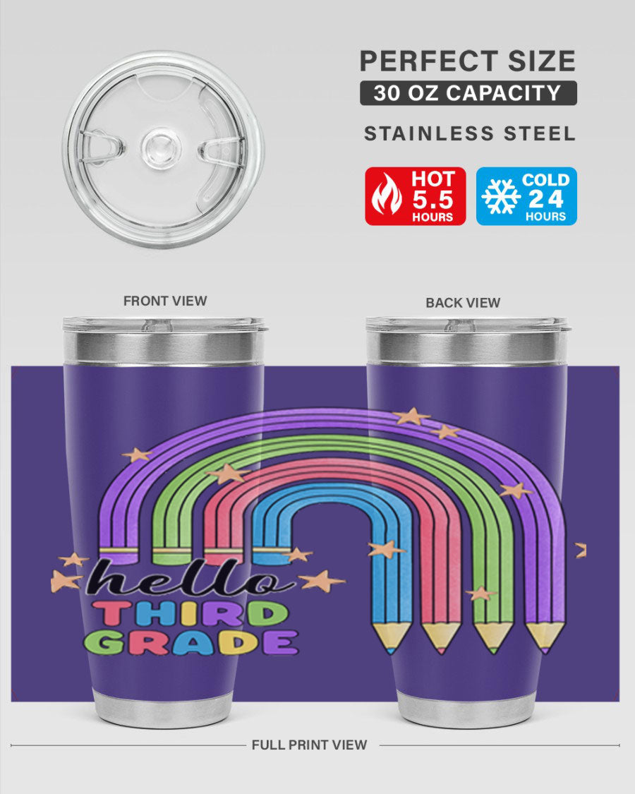 Hello 3rd Grade Pencil Rainbow tumbler featuring a colorful pencil design, perfect for students and teachers.