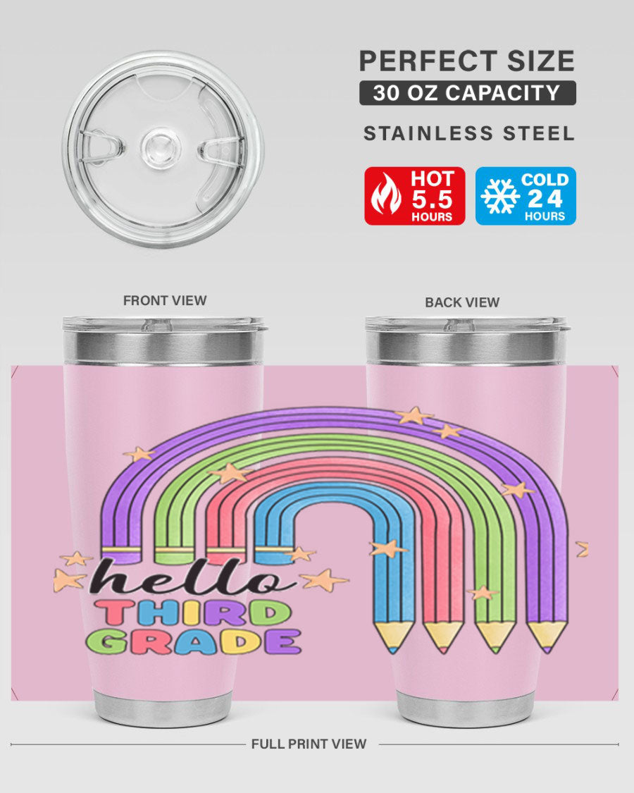 Hello 3rd Grade Pencil Rainbow tumbler featuring a colorful pencil design, perfect for students and teachers.
