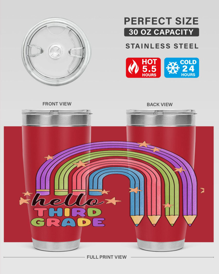 Hello 3rd Grade Pencil Rainbow tumbler featuring a colorful pencil design, perfect for students and teachers.