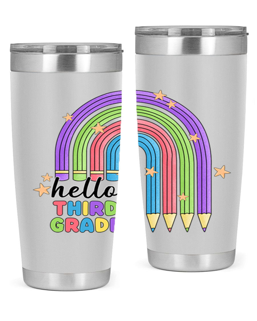 Hello 3rd Grade Pencil Rainbow tumbler featuring a colorful pencil design, perfect for students and teachers.