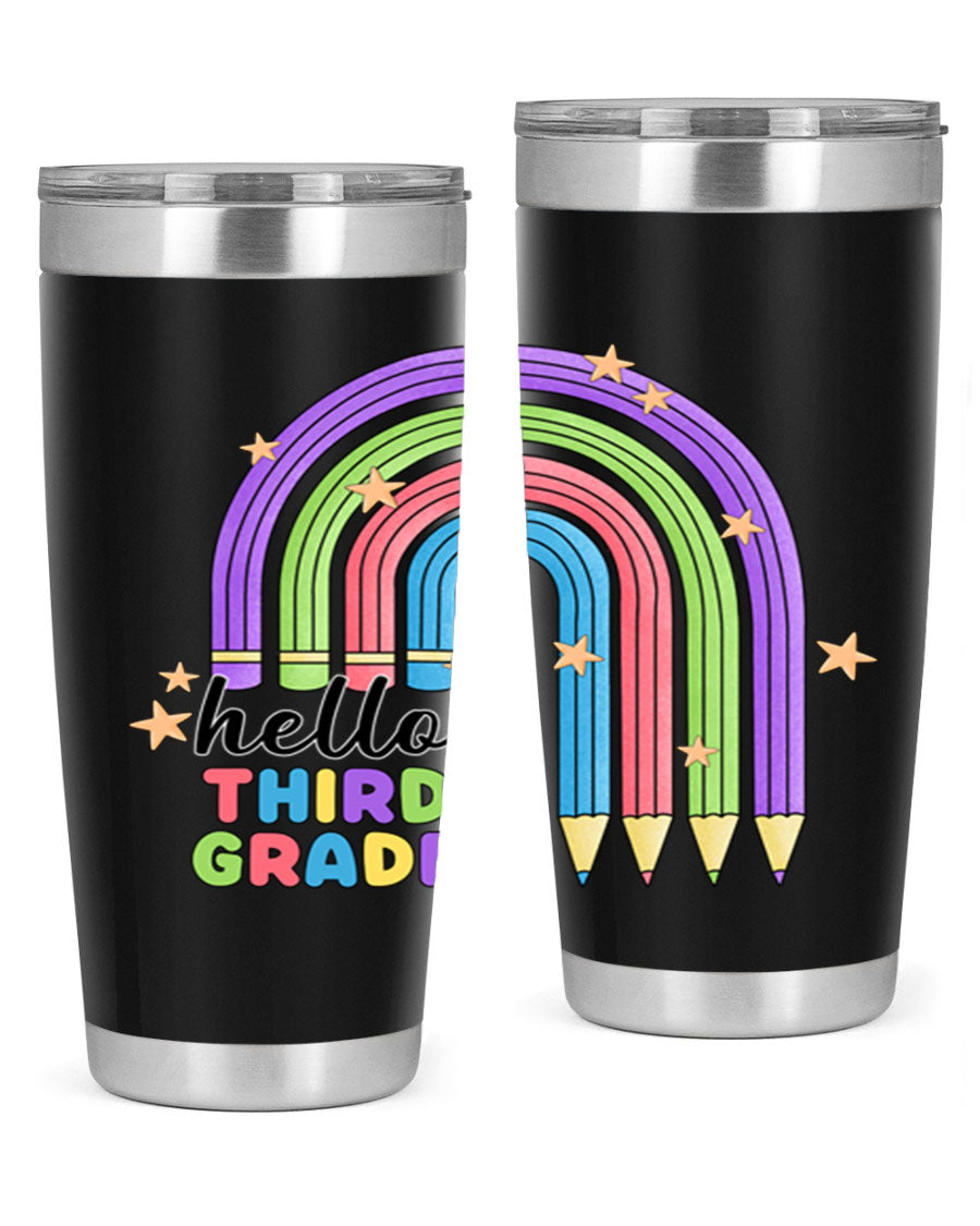 Hello 3rd Grade Pencil Rainbow tumbler featuring a colorful pencil design, perfect for students and teachers.