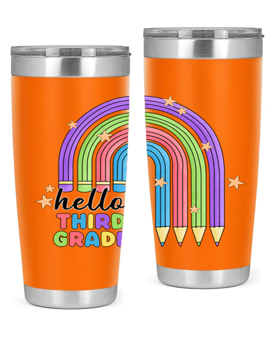 Hello 3rd Grade Pencil Rainbow tumbler featuring a colorful pencil design, perfect for students and teachers.