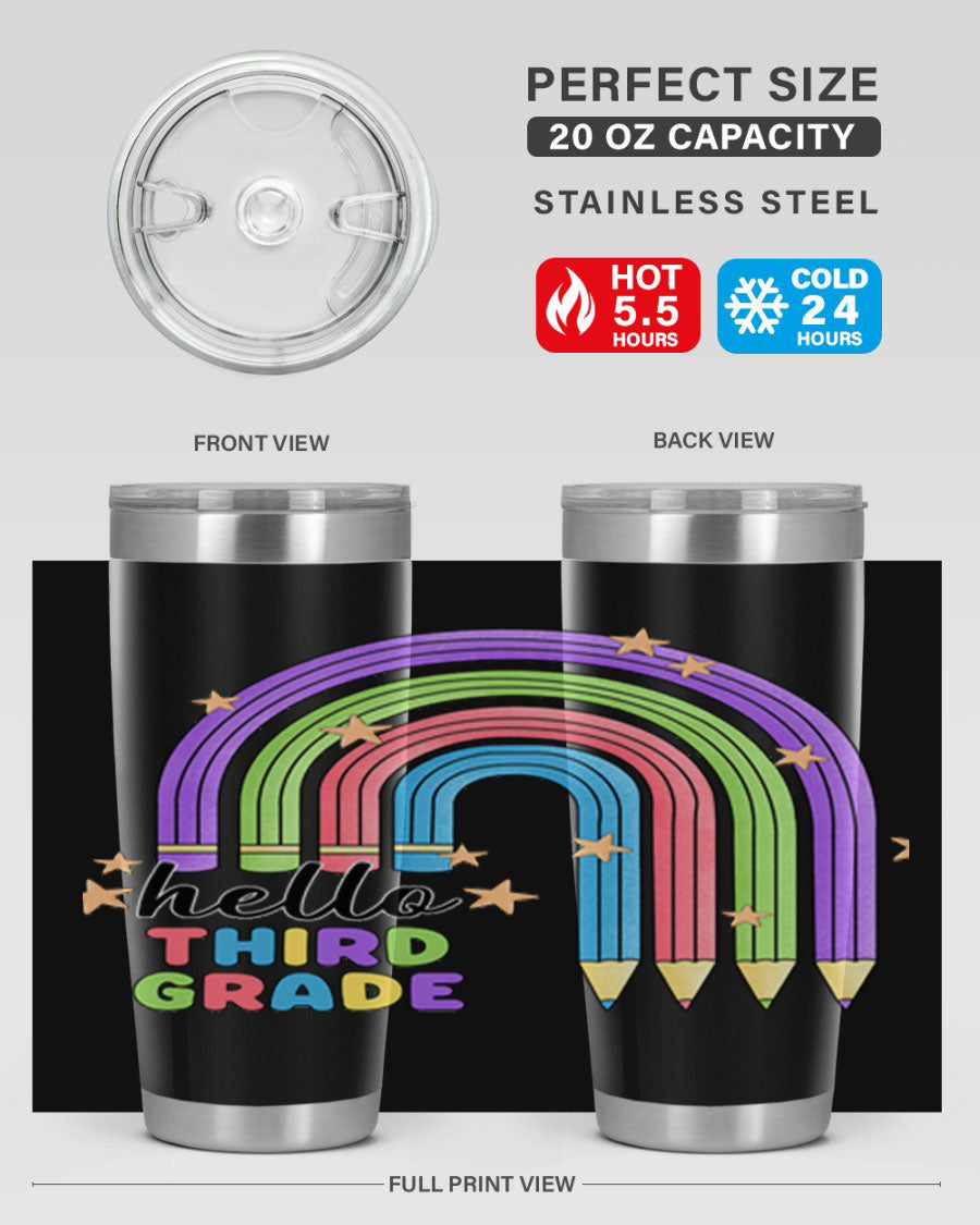 Hello 3rd Grade Pencil Rainbow tumbler featuring a colorful pencil design, perfect for students and teachers.