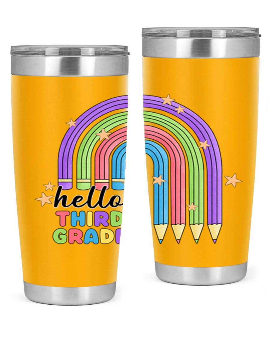Hello 3rd Grade Pencil Rainbow tumbler featuring a colorful pencil design, perfect for students and teachers.
