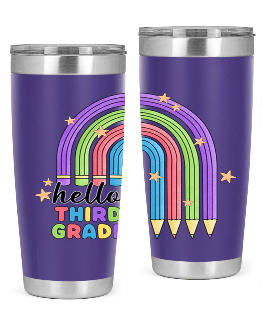 Hello 3rd Grade Pencil Rainbow tumbler featuring a colorful pencil design, perfect for students and teachers.
